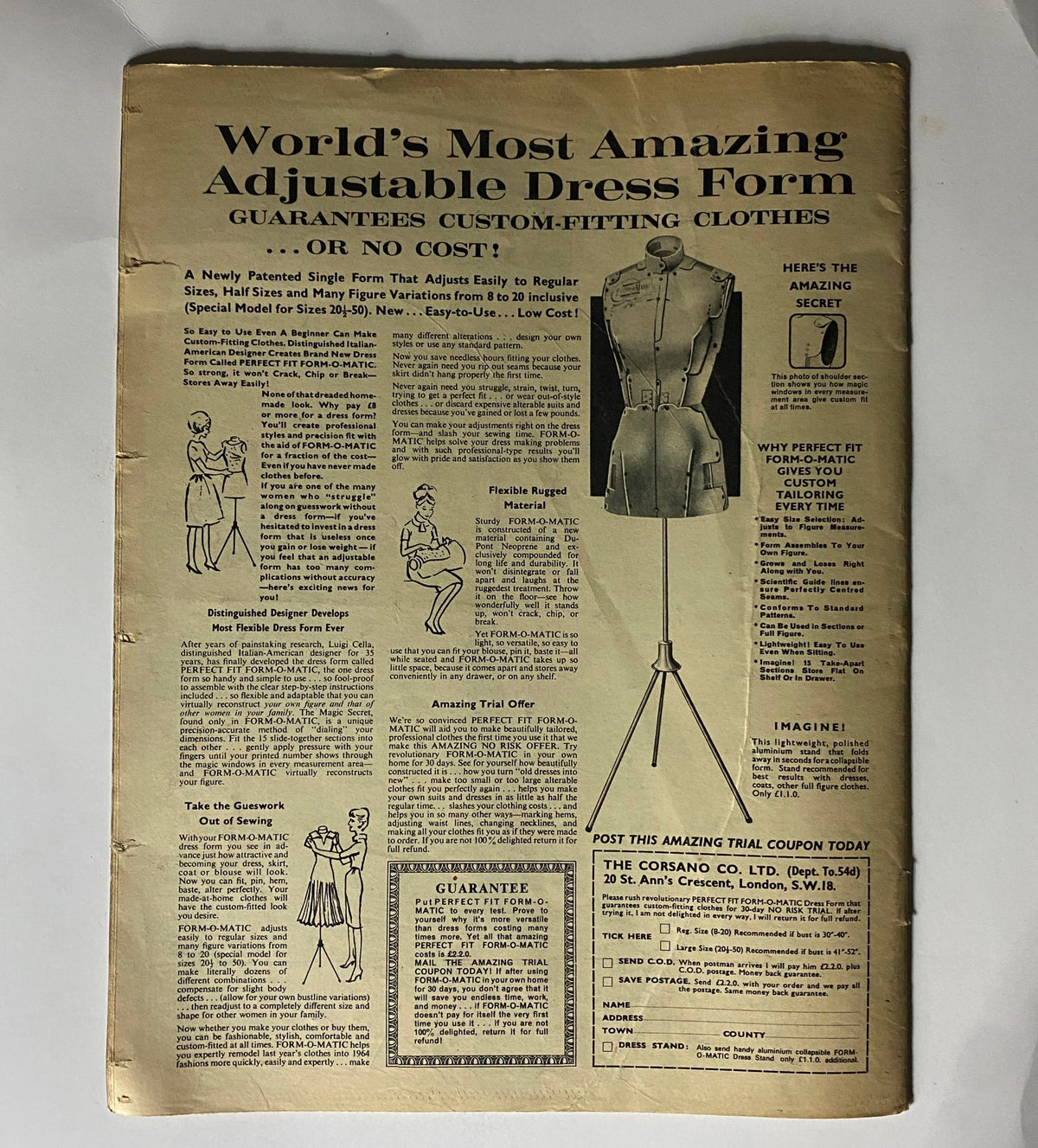 Vintage advertisement for adjustable dress form titled 'World’s Most Amazing Adjustable Dress Form' featuring custom-fitting clothing guarantees, highlighting features of the FORM-O-MATIC dress form for enhanced tailoring, from the VTG Today Magazine May 9, 1961 with Ringo Starr.