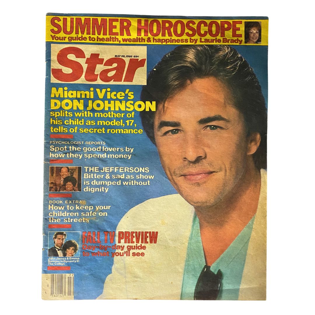 Cover of Star Tabloid Magazine from May 28, 1985 featuring Miami Vice's Don Johnson, showcasing a striking portrait and headlines about his personal life.
