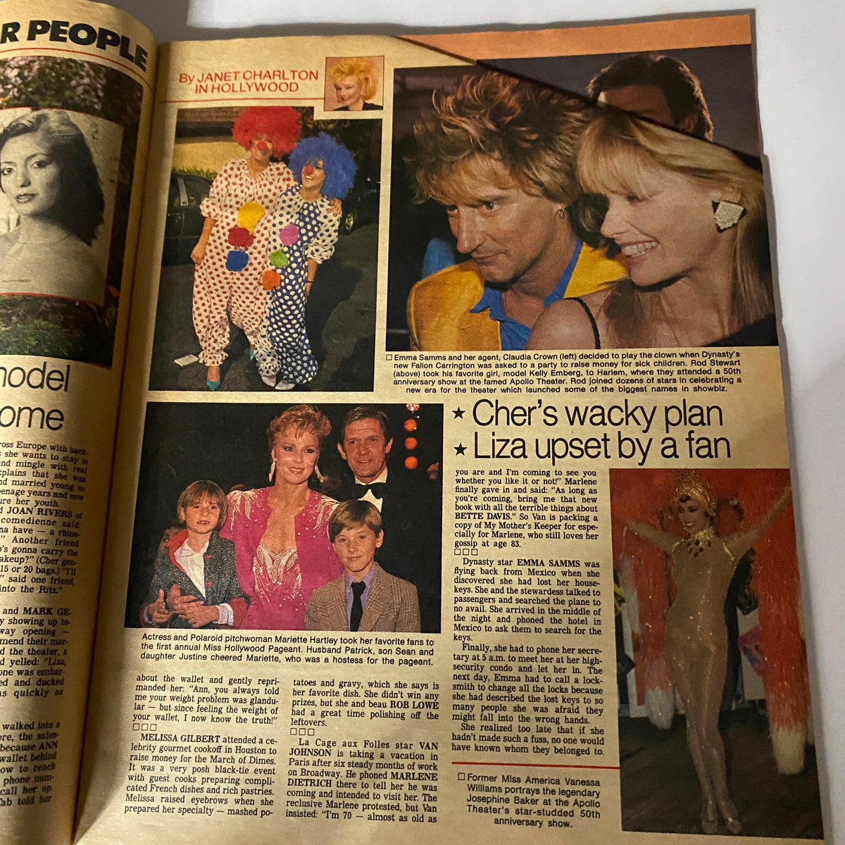 Inside spread of Star Tabloid Magazine from May 28, 1985 displaying celebrity news, including a report on Cher's wacky plans and Rod Stewart, with various colorful images.