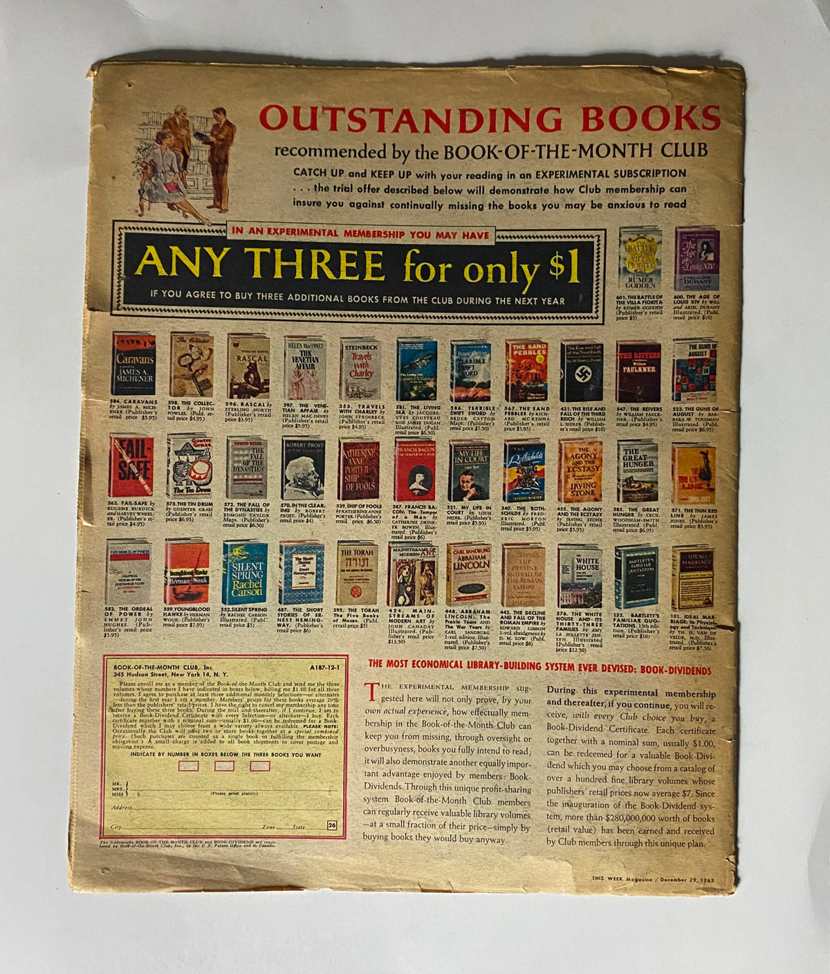 Back cover of VTG This Week Magazine December 29, 1963, showcasing advertisements for books and membership offers from the Book-of-the-Month Club.