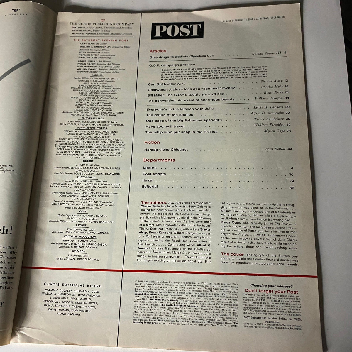 Interior page of the VTG Saturday Evening Post Magazine August 8 1964 featuring articles and content related to The Beatles, showcasing a vintage layout and design.