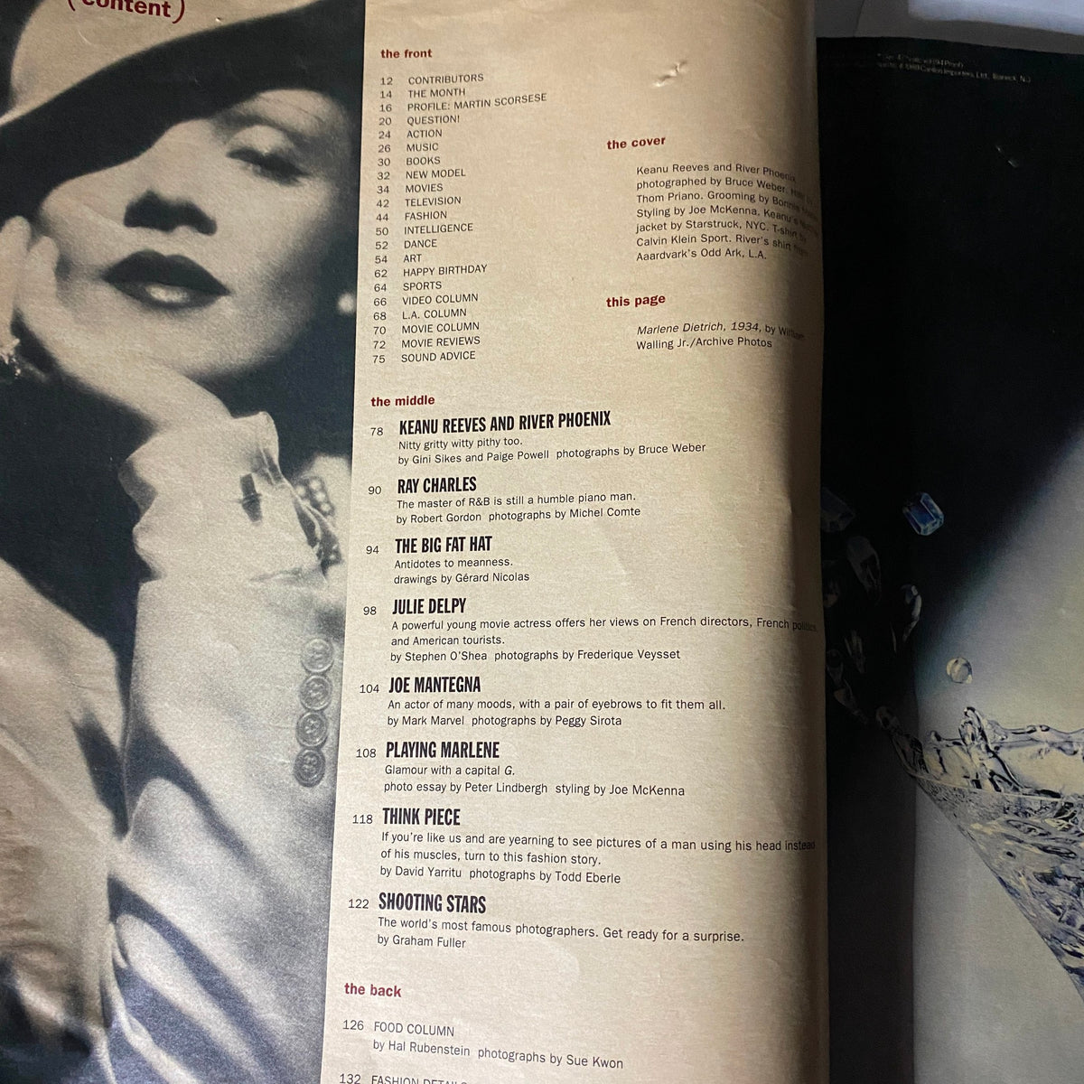 A magazine contents page from Interview Magazine November 1991, listing articles including 'Keanu Reeves and River Phoenix' and featuring a photograph of actress Marlene Dietrich. This edition highlights key contributors and topics of the era.