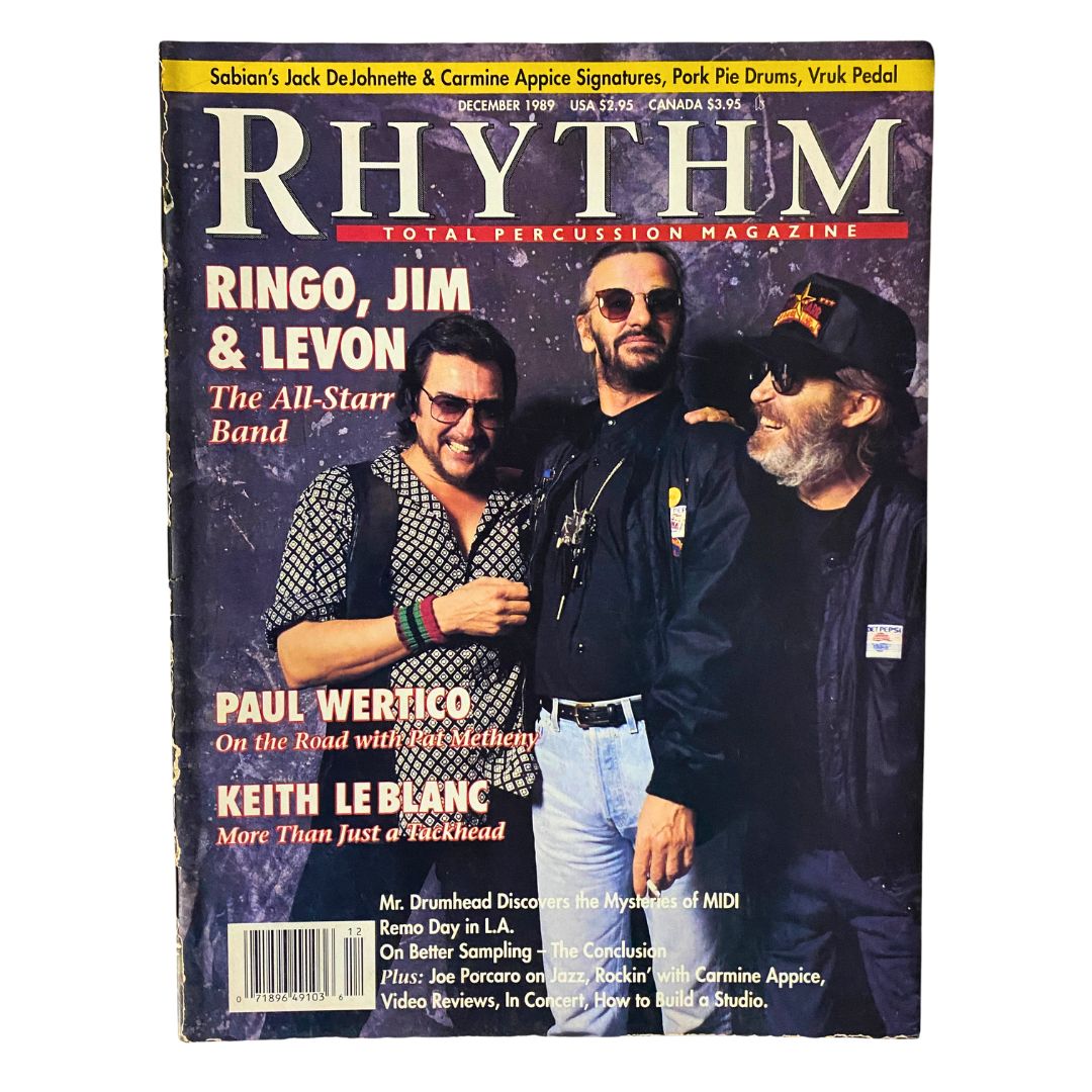 Cover of Rhythm Total Percussion Magazine December 1989 featuring Ringo Starr, Jim Keltner, and Levon Helm, showcasing the music culture of the late 1980s.