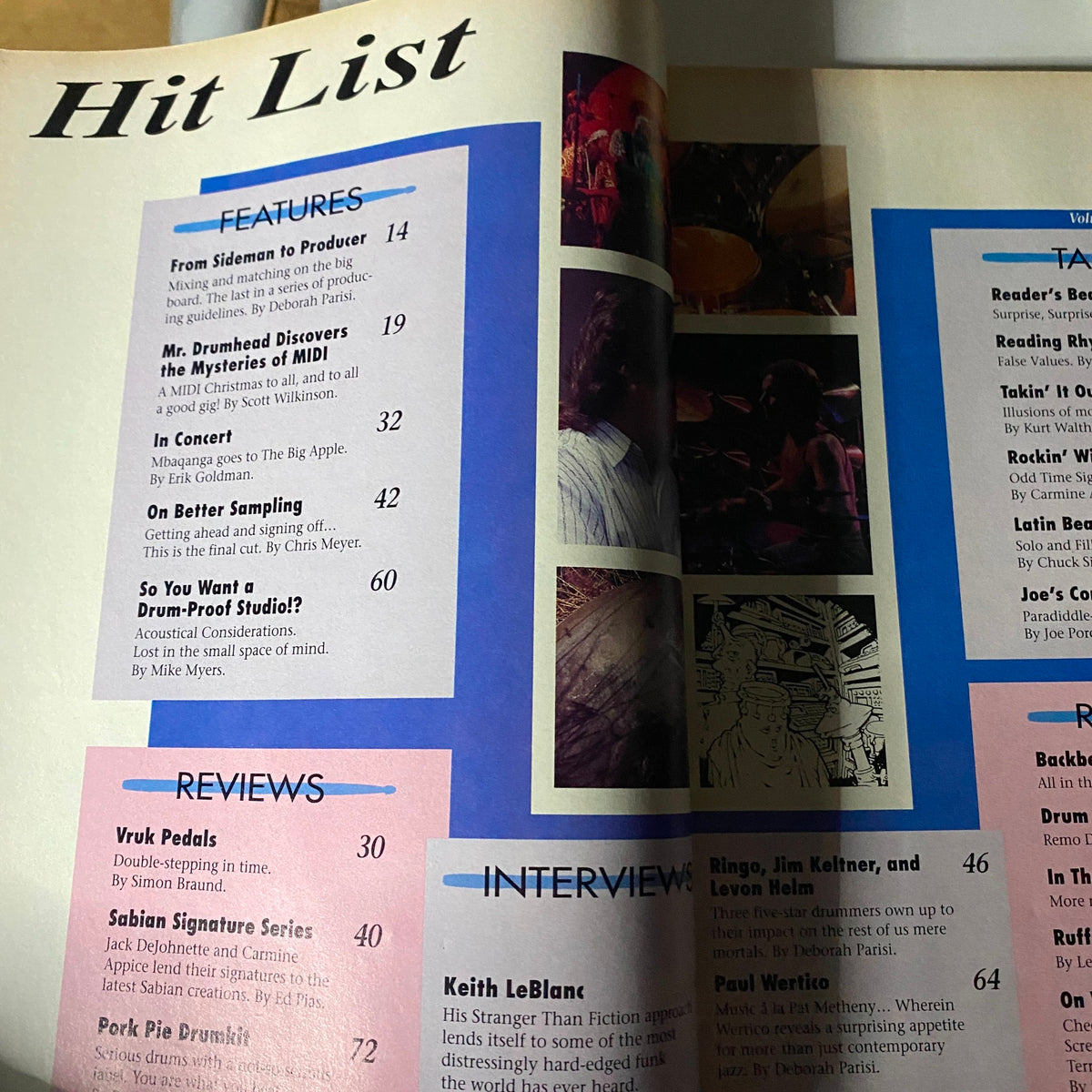 Interior page of Rhythm Total Percussion Magazine December 1989 displaying the Hit List section with featured articles and interviews about percussion and drumming.
