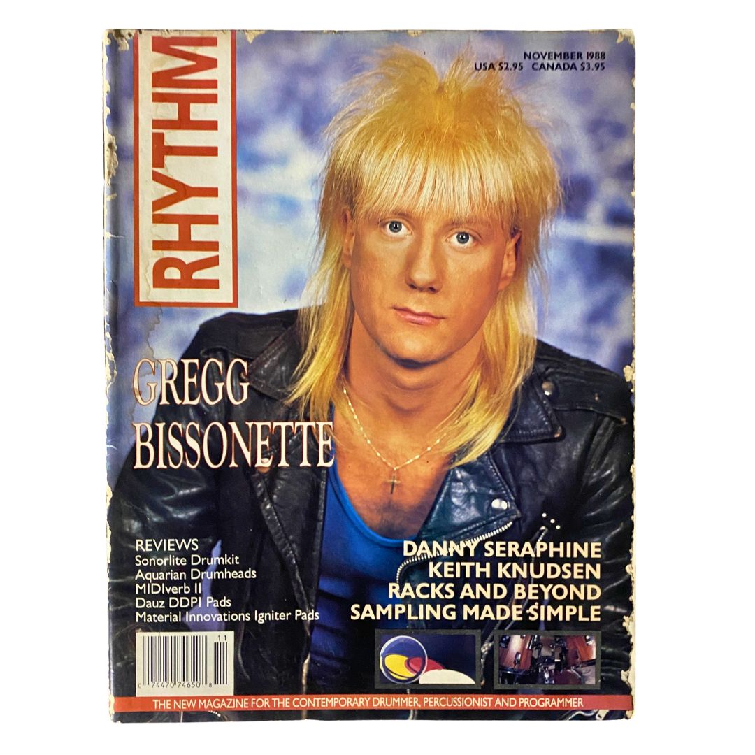 Cover of the November 1988 Rhythm Total Percussion Magazine featuring drummer Gregg Bissonette, highlighting music reviews, drum techniques, and contemporary percussion insights.