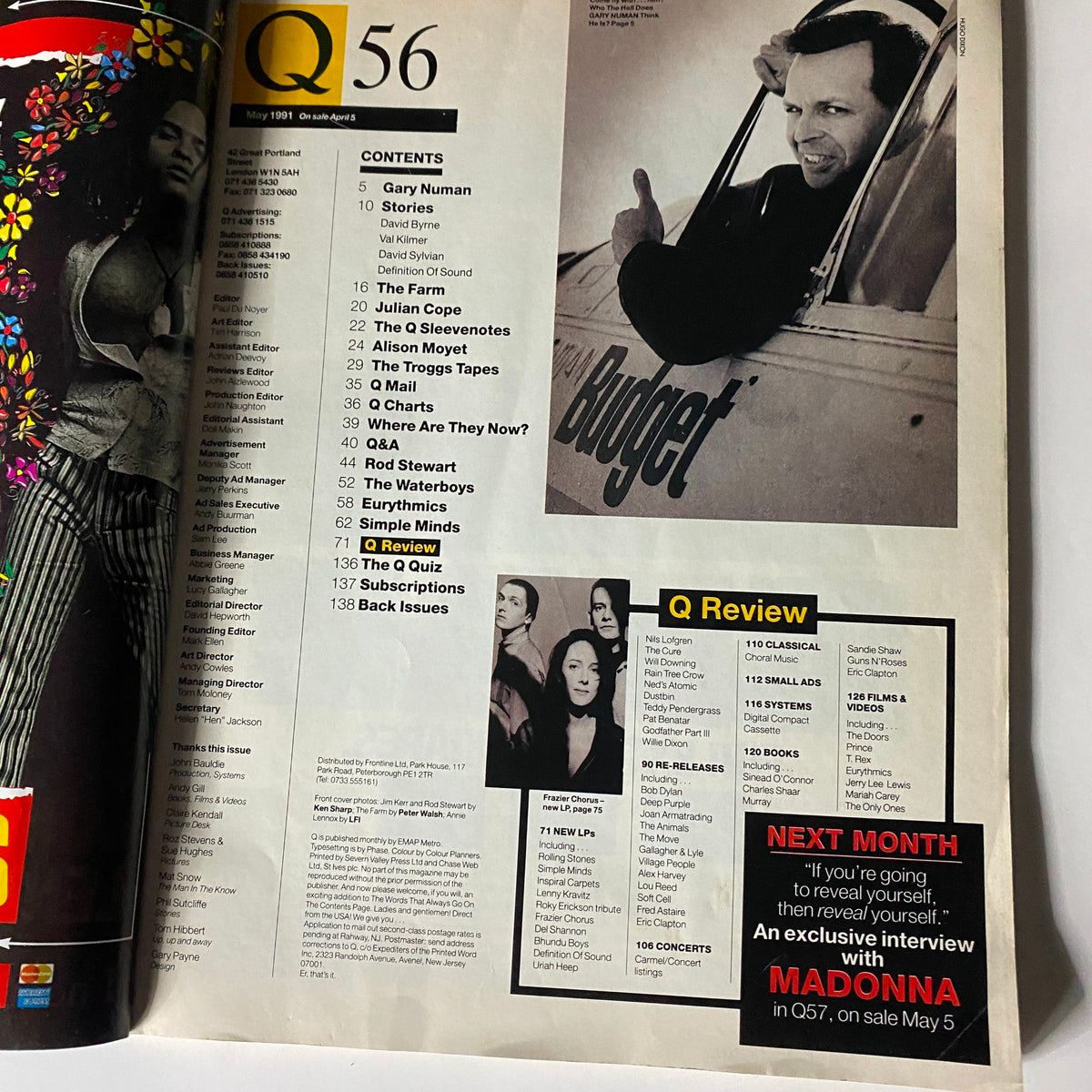 Q Magazine May 1991 Issue No. 56 showcasing contents including Gary Numan and Annie Lennox, featuring an overview of the early '90s music scene, ideal for collectors of vintage music magazines.