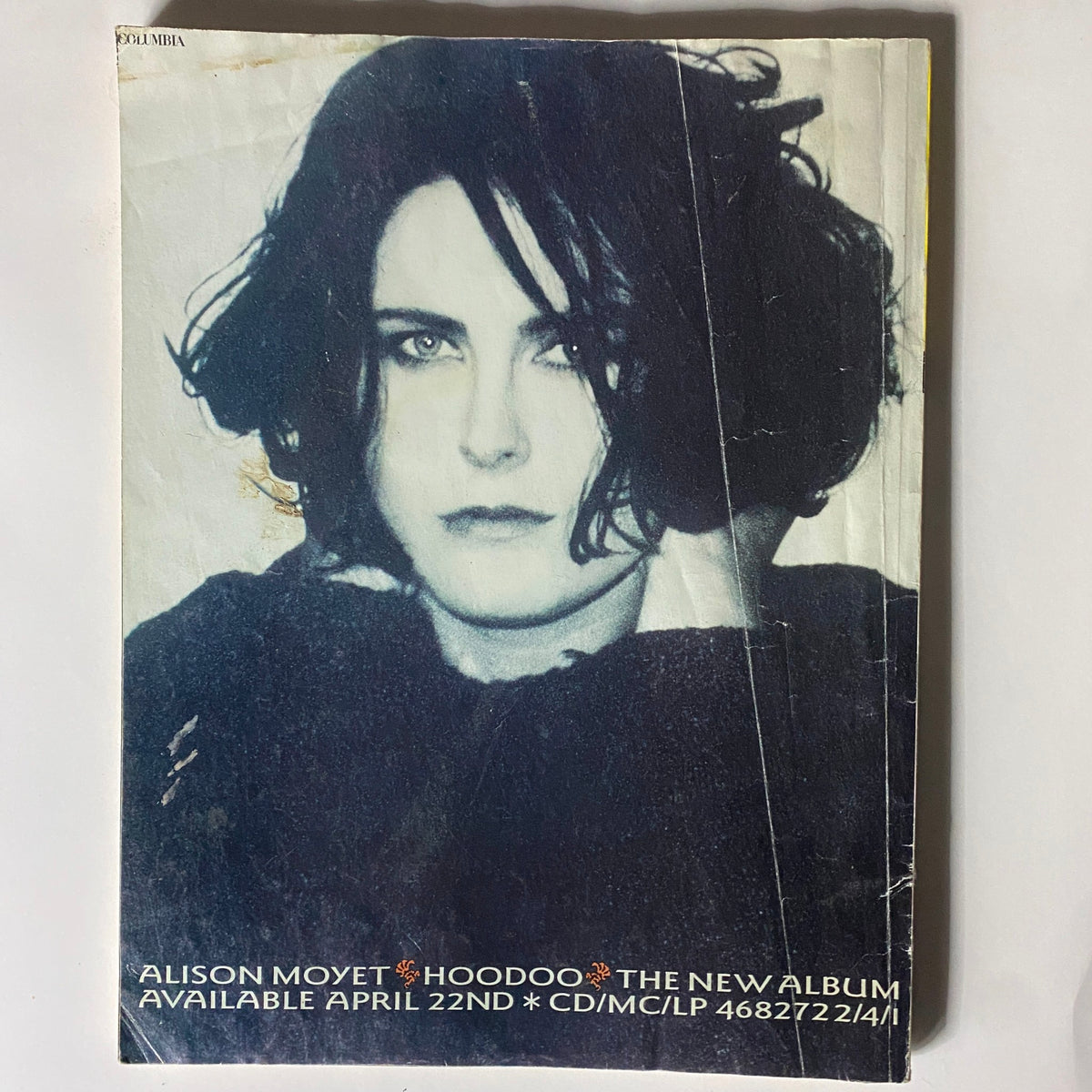 Cover of Alison Moyet's album Hoodoo, promoting the release of her music on April 22nd, presented in a vintage magazine layout from Q Magazine May 1991, Issue No. 56.