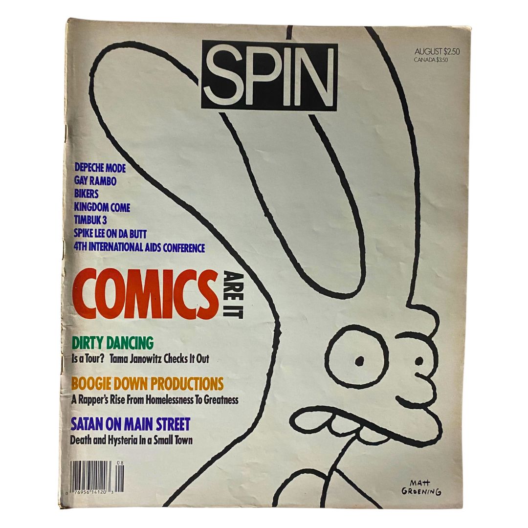 VTG Spin Magazine August 1988 Vol 4 No. 5 featuring iconic comic cover by Matt Groening, showcasing vibrant 80s music culture.