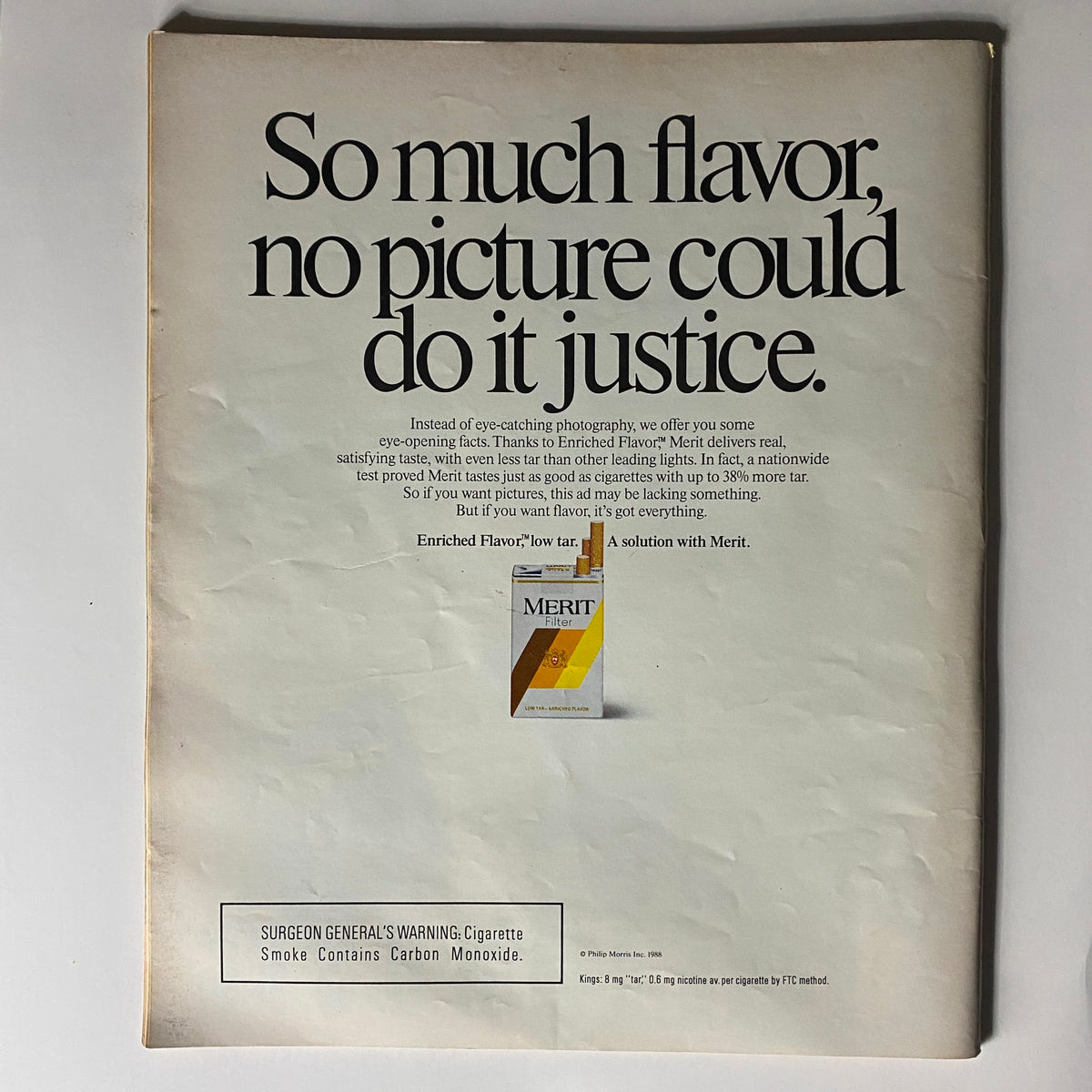 Back cover of VTG Spin Magazine August 1988 Vol 4 No. 5 with a vintage advertisement for Merit cigarettes, reflecting marketing styles of the era.