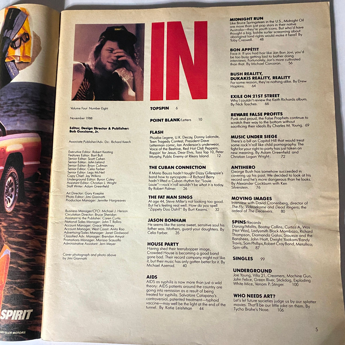 Inside page of VTG Spin Magazine November 1988 Vol 4 No. 8 showcasing notable features and content about music and film.