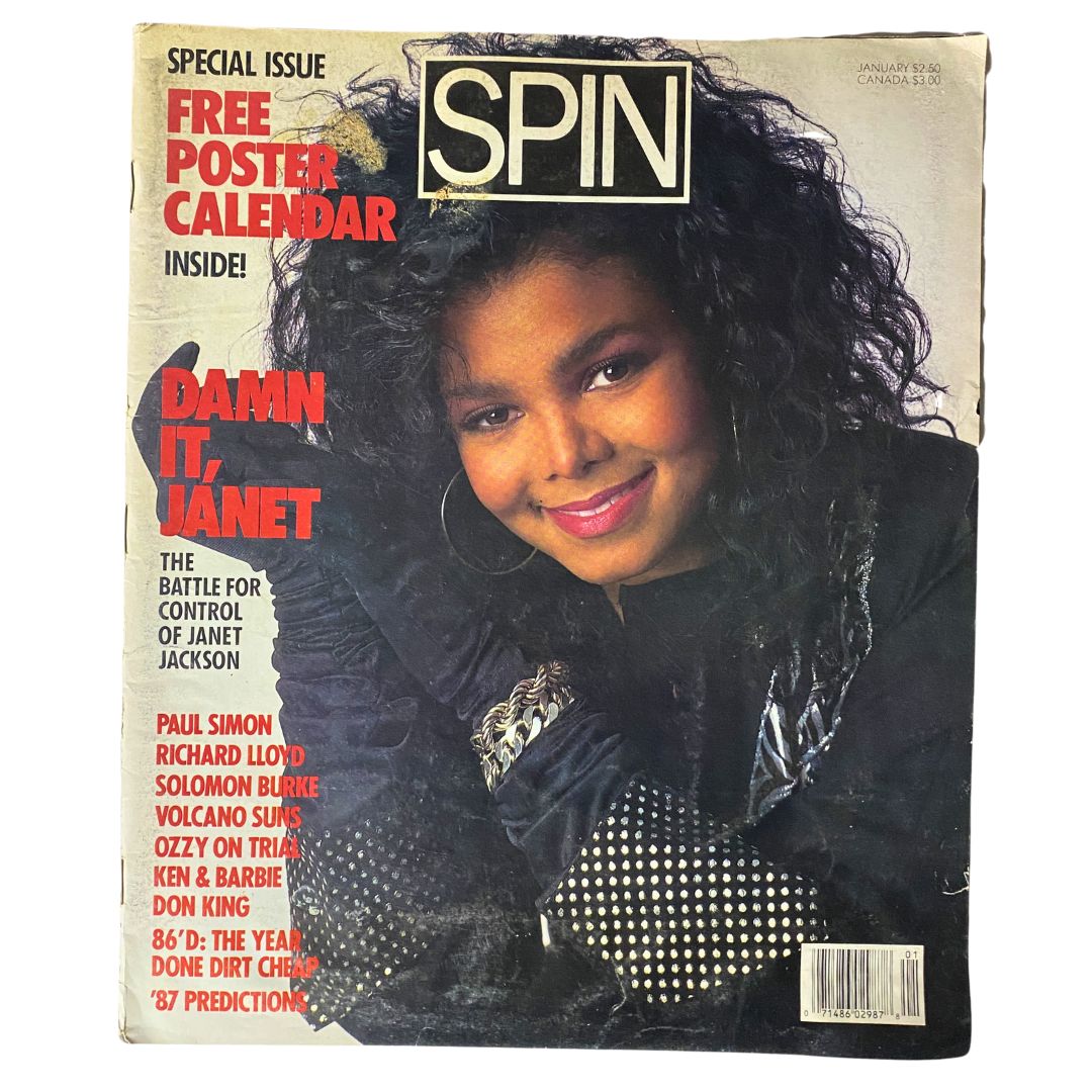 Spin Magazine January 1987 Vol 2 No. 10 featuring Janet Jackson on the cover with the headline 'Damn It, Janet'. This vintage magazine includes a free poster and highlights Janet Jackson's rise in the music industry.