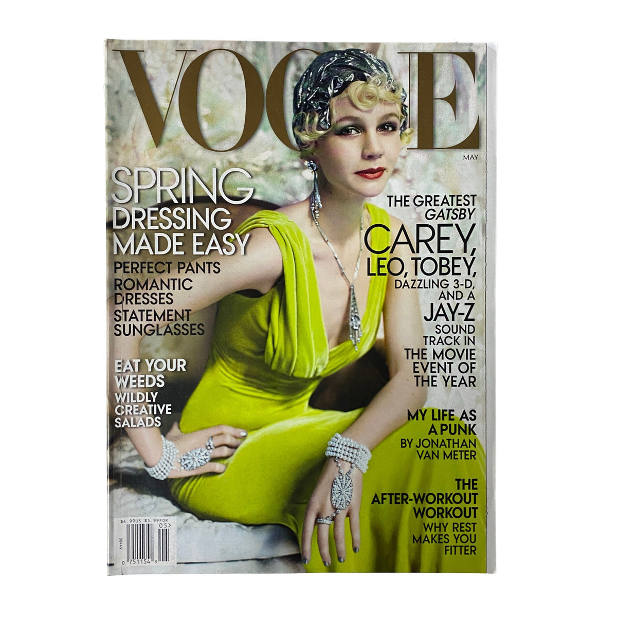 Vogue Magazine May 2013 Carey Mulligan Cover featuring a glamorous actress styled in a yellow dress, adorned with jewelry, highlighting the theme of spring fashion related to The Great Gatsby. Very Good Condition, No Label.