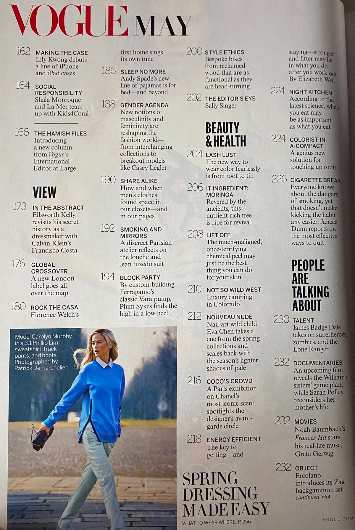Vogue Magazine May 2013 page featuring highlights of the issue, including sections on beauty, health, and seasonal fashion tips.