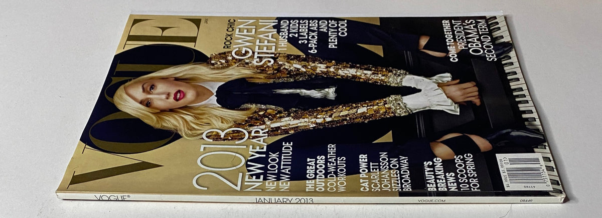Back view of Vogue Magazine January 2013 with Gwen Stefani on the cover, showcasing a glamorous design; details include features on celebrity life and beauty trends for the New Year.
