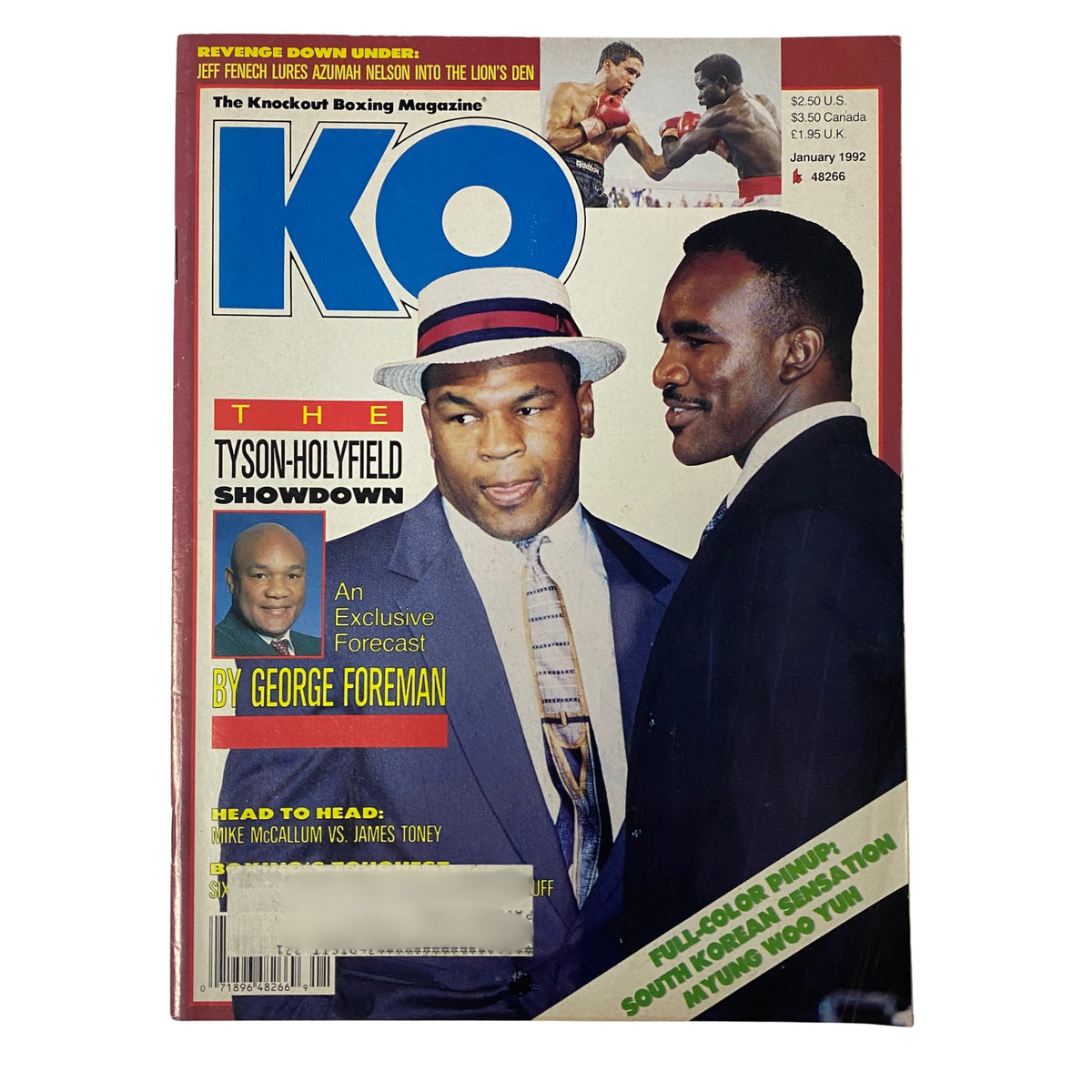 KO Boxing Magazine January 1992 cover featuring Mike Tyson and Evander Holyfield, highlighting the Tyson-Holyfield showdown and an exclusive forecast by George Foreman.