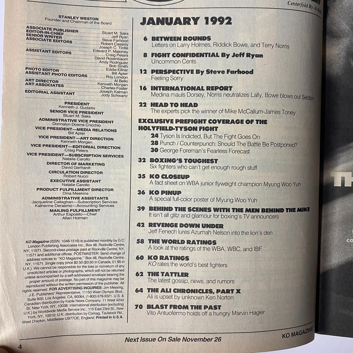 Inside page of KO Boxing Magazine January 1992 with contents overview including articles like Fight Confidential by Jeff Ryan and Perspective by Steve Farhood.