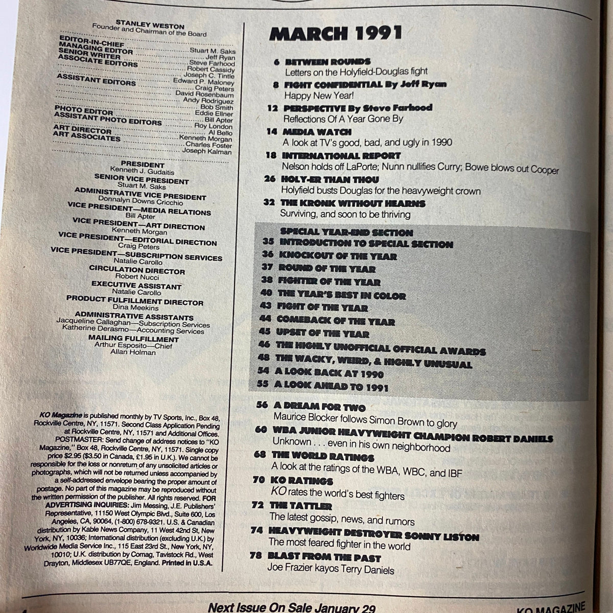 KO Boxing Magazine March 1991 - Table of contents page, detailing features such as 'Between Rounds', 'Media Watch', and special year-end awards, providing insight into the highlights of the boxing season.