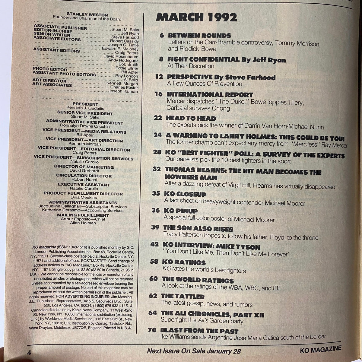 Interior page of KO Boxing Magazine from March 1992, outlining contents including interviews and reports on prominent boxing figures and matches.
