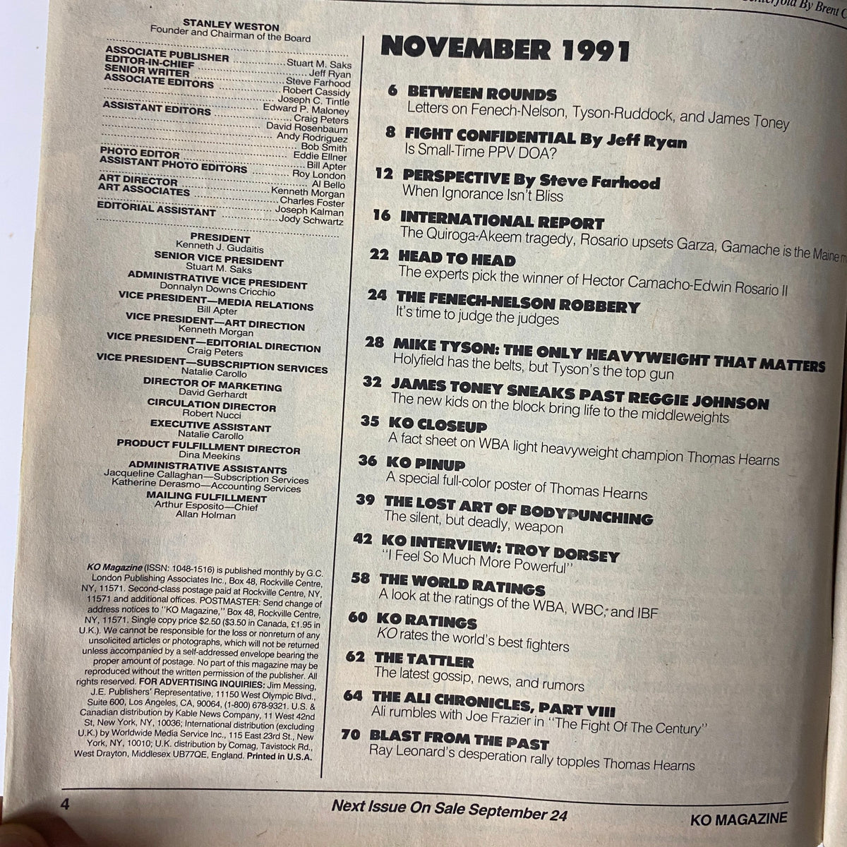 Table of contents from KO Boxing Magazine November 1991 featuring articles on Mike Tyson vs. Donovan Ruddock, Between Rounds, Fight Confidential by Jeff Ryan, Perspective by Steve Farhood, and more.