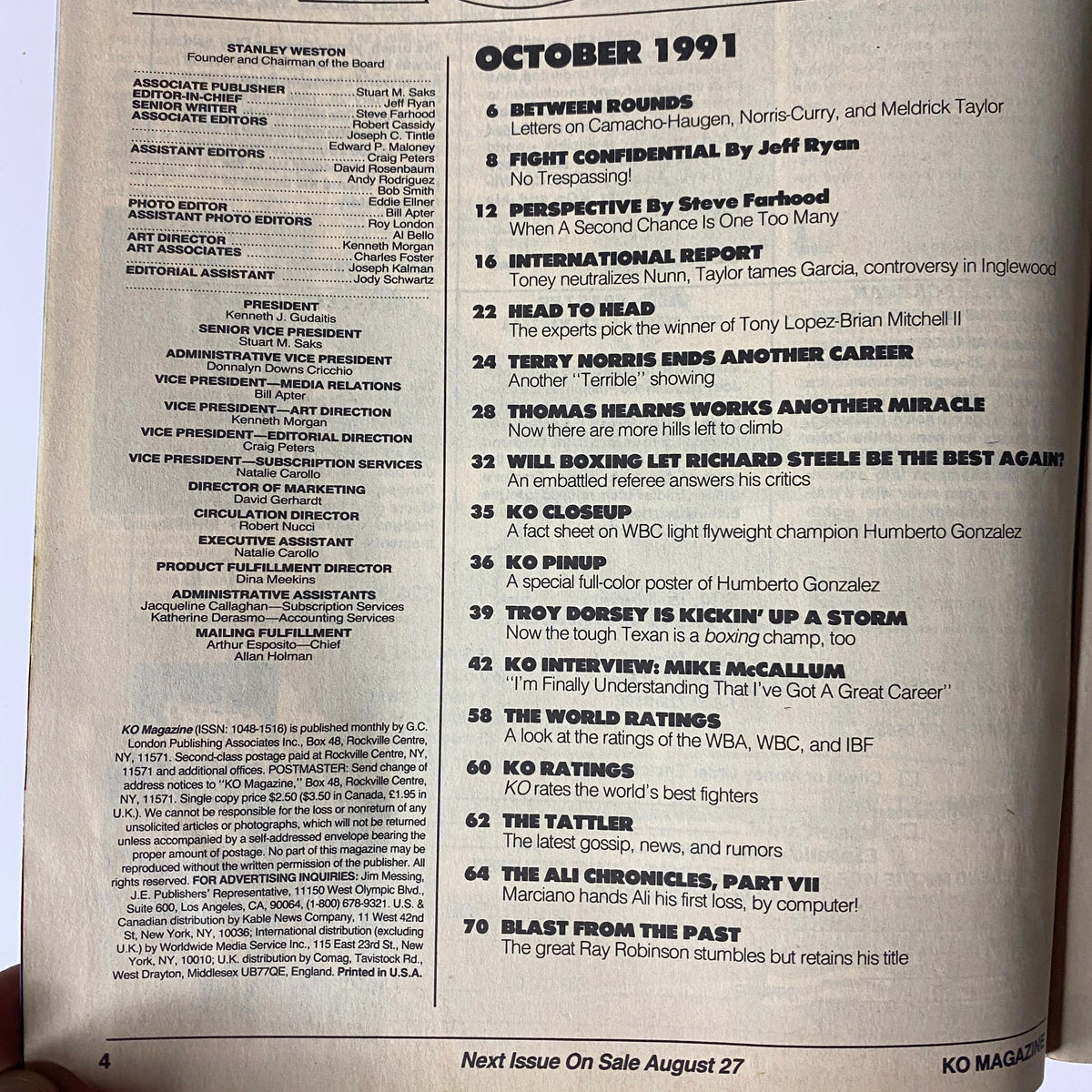 Inside page of KO Boxing Magazine October 1991 showcasing the table of contents, listing key articles and features related to boxing events and famous fighters.
