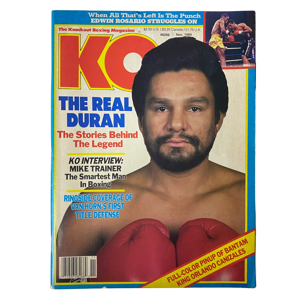 KO Boxing Magazine November 1989 featuring Roberto Durán on the cover, highlighting stories behind the legend and boxing insights.
