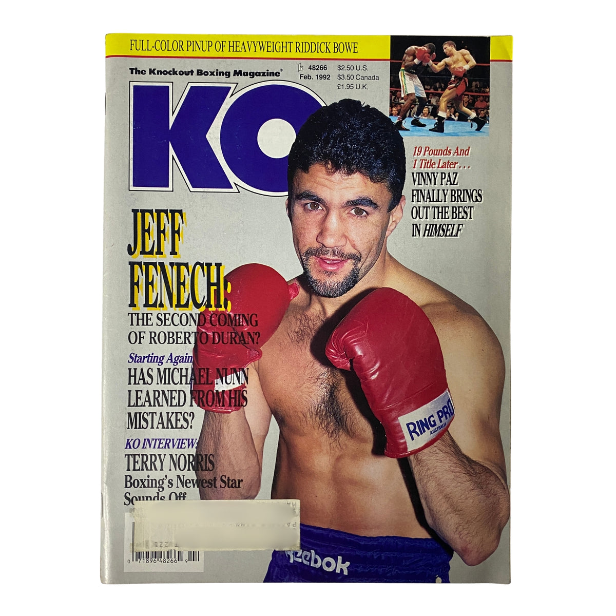 KO Boxing Magazine February 1992 featuring Jeff Fenech on the cover, showcasing boxing themes and insights from the early 1990s, with notable articles on boxing legends and match analysis.