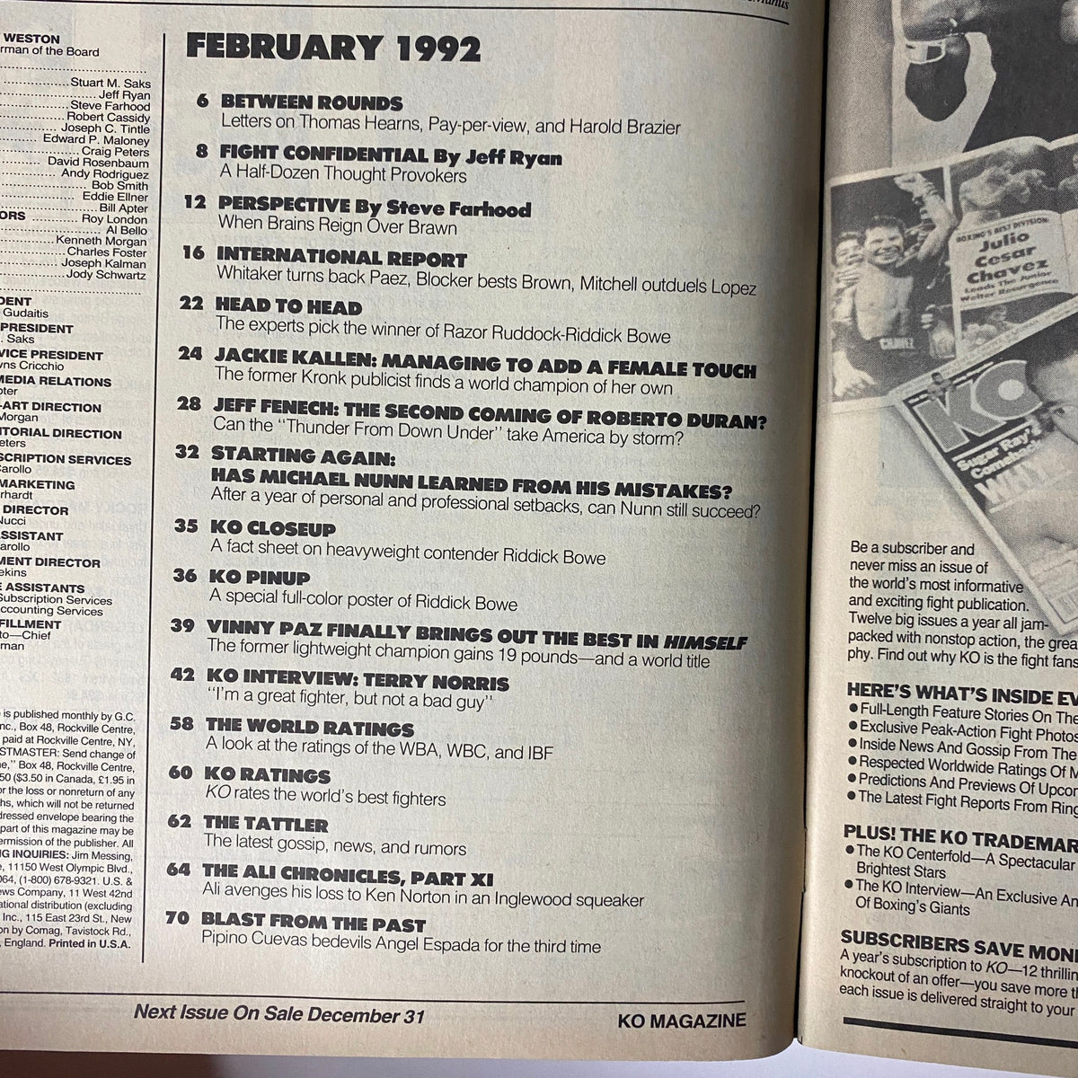 KO Boxing Magazine - February 1992 featuring Jeff Fenech on the cover, showcasing articles on boxing history, insights on fighters, and analysis of upcoming matches.