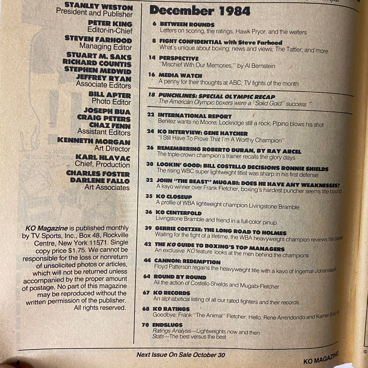 KO Boxing Magazine December 1984 table of contents page, detailing various featured articles and interviews, including content related to John 'The Beast' Mugabi.