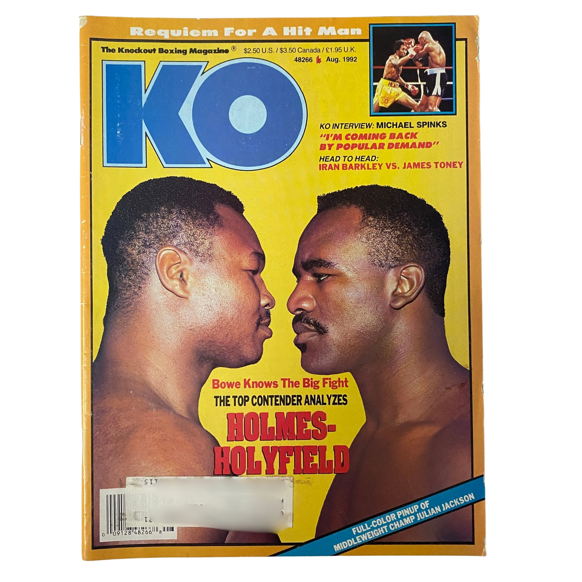 KO Boxing Magazine August 1992 cover featuring Evander Holyfield and Larry Holmes facing each other, highlighting their matchup analysis and boxing legends.
