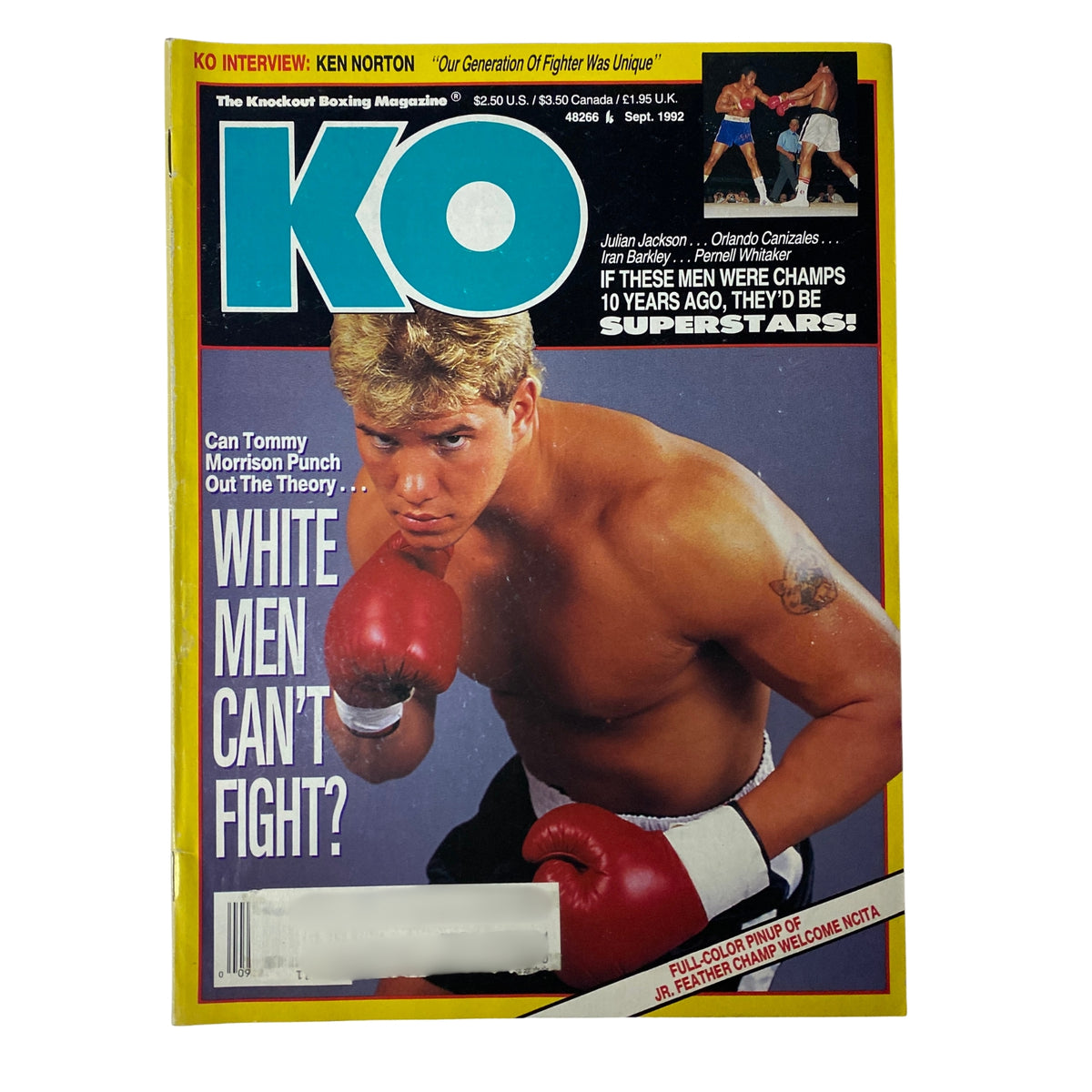 KO Boxing Magazine September 1992 featuring Tommy Morrison on the cover, highlighting a discussion on race in boxing with the headline 'Can Tommy Morrison Punch Out the Theory… White Men Can’t Fight?'. This collectible magazine is perfect for boxing fans.