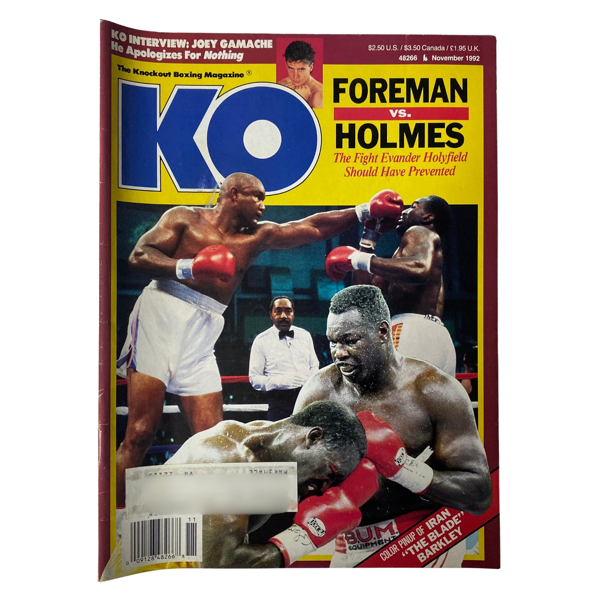 Cover of KO Boxing Magazine, November 1992 featuring heavyweight champions Larry Holmes and George Foreman. The headline reads 'Foreman vs. Holmes: The Fight Evander Holyfield Should Have Prevented.'
