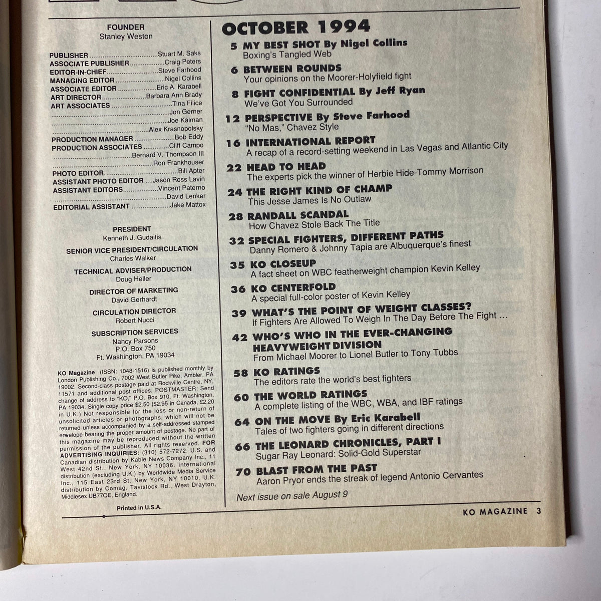 Inside page of KO Boxing Magazine October 1994 displaying the Table of Contents with details on features such as 'My Best Shot' and 'Fight Confidential'.