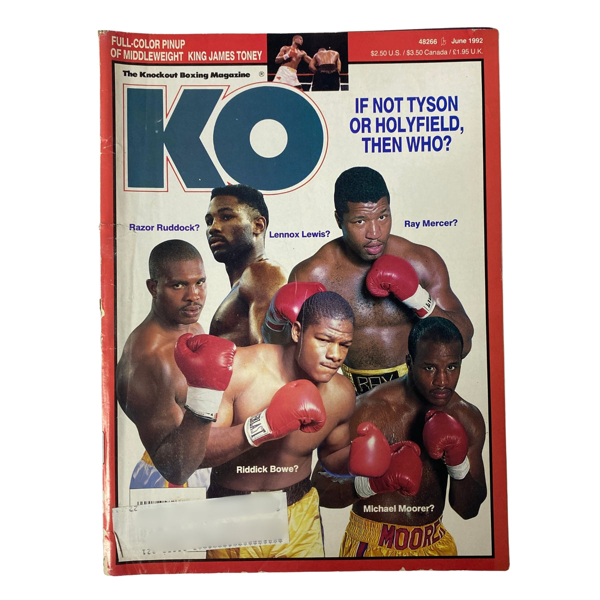 Cover of KO Boxing Magazine from June 1992 featuring Razor Ruddock, Lennox Lewis, Ray Mercer, Riddick Bowe, and Michael Moorer, highlighting heavyweight boxers and the question 'If Not Tyson or Holyfield, Then Who?'. A prime collectible for boxing fans.