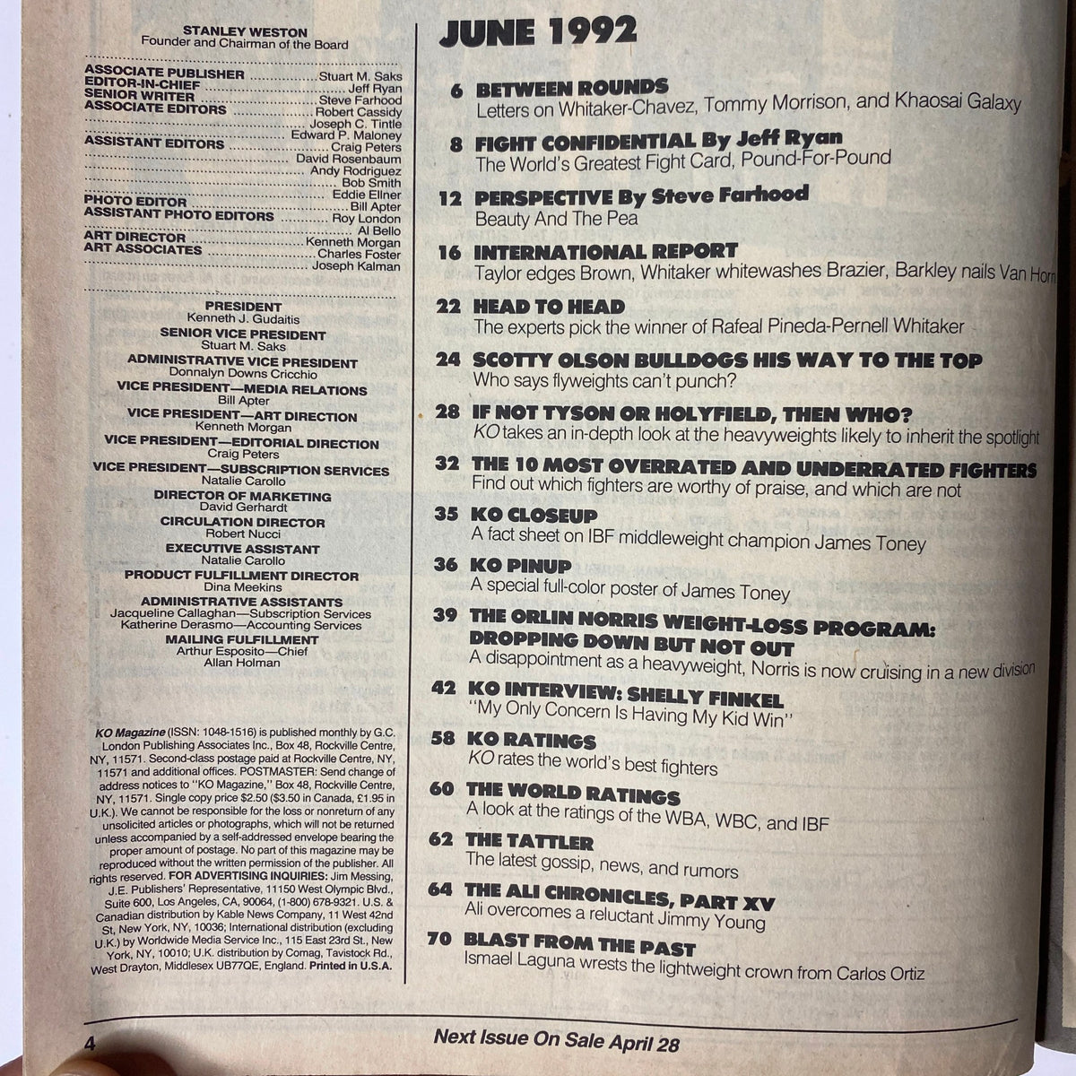 Contents page of KO Boxing Magazine June 1992, detailing articles such as 'Between Rounds', 'Fight Confidential', and 'The Ali Chronicles, Part XV'. This issue features in-depth analysis and profiles of prominent boxers.