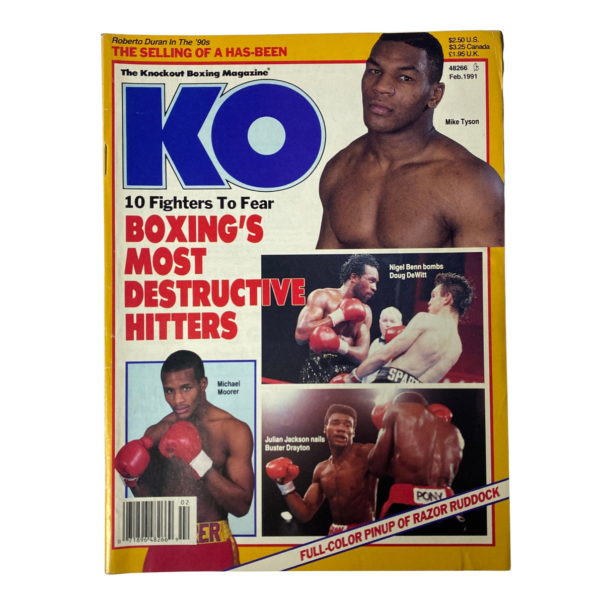 KO Boxing Magazine February 1991 featuring Mike Tyson, Nigel Benn, Doug DeWitt, and highlights of boxing's most destructive hitters.