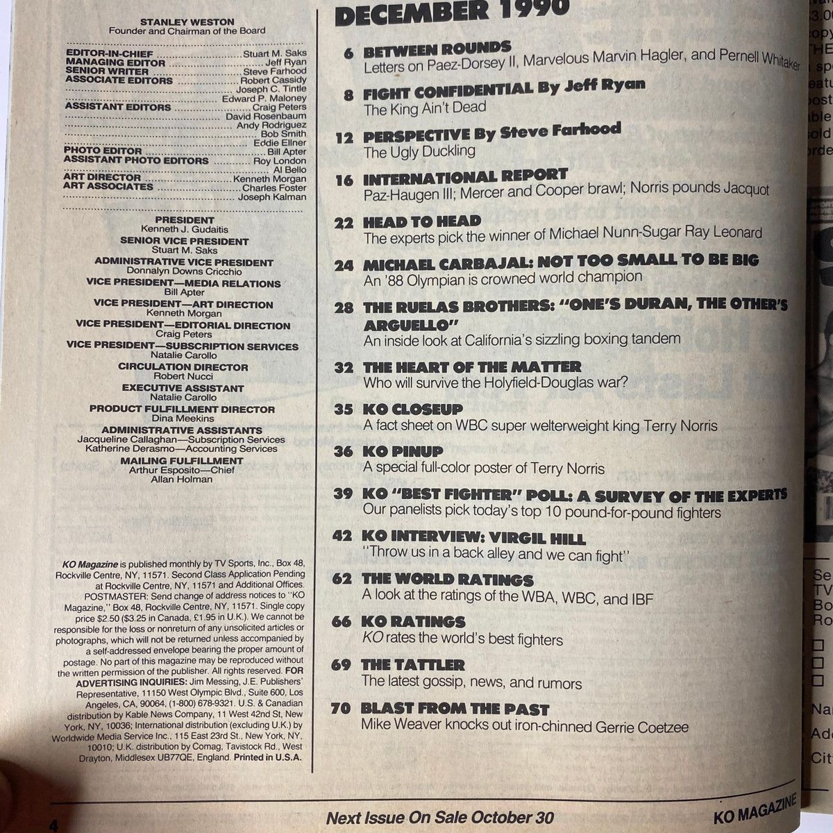 Table of contents from KO Boxing Magazine December 1990, listing features including articles on Buster Douglas, Terry Norris, and other prominent boxing topics.