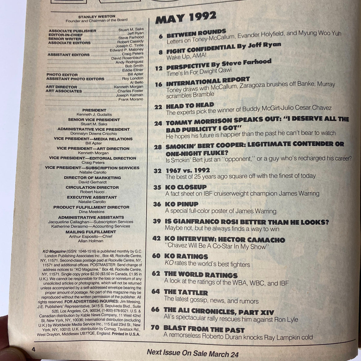 Inside page of KO Boxing Magazine May 1992, detailing contents including features on heavyweight boxing history and various fighter profiles.