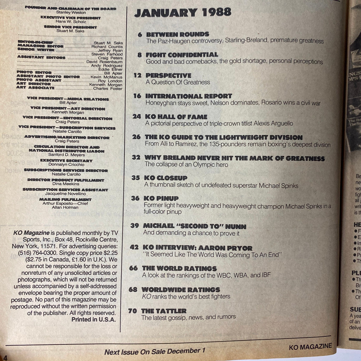 January 1988 issue of KO Boxing Magazine featuring a table of contents highlighting key articles, including Marlon Starling and Mark Breland rivalry, Fight Confidential, and profiles of boxing legends like Alexis Arguello and Michael Spinks. The magazine is titled 'KO Boxing Magazine January 1988 Marlon Starling & Mark Breland Cover No Label'.