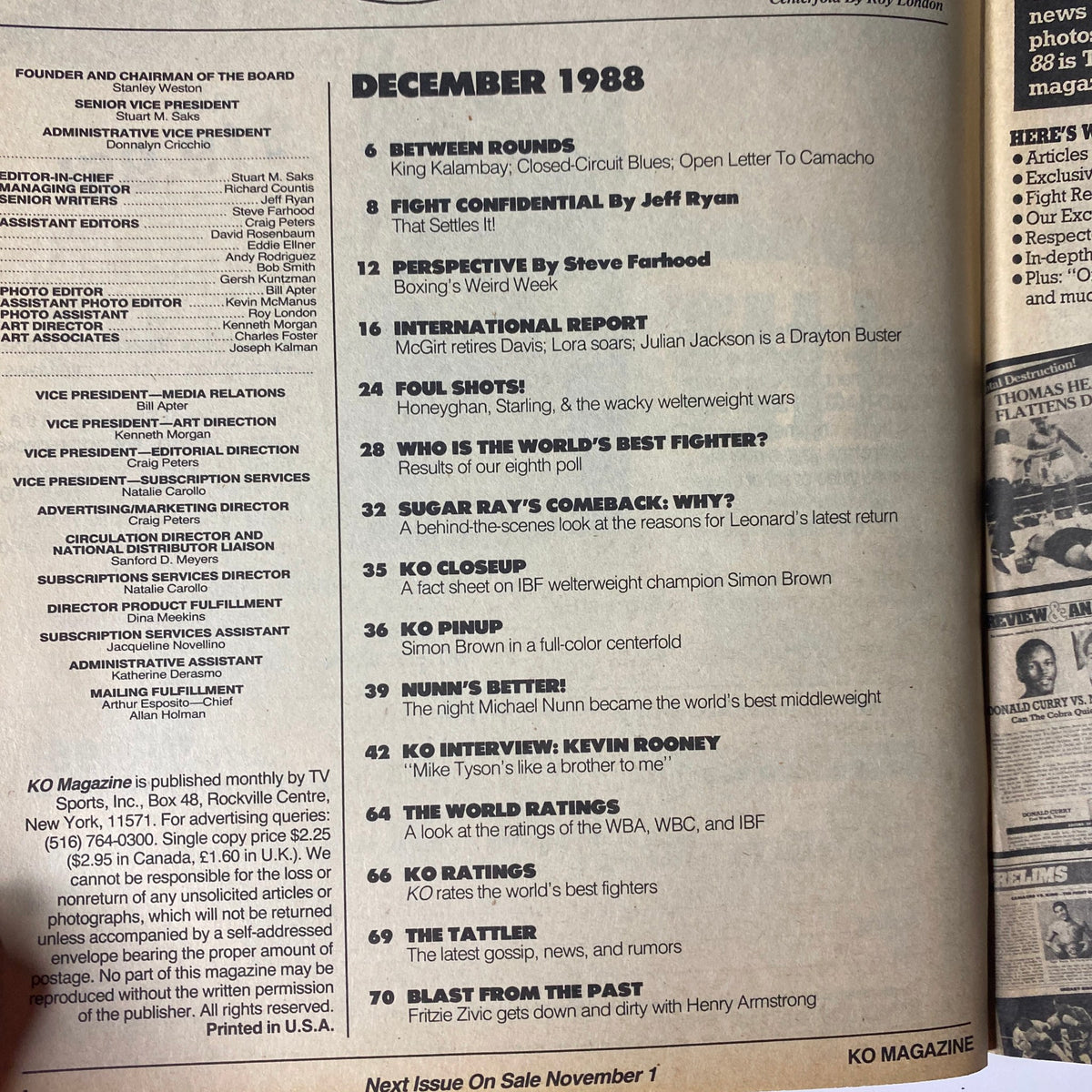 A page from the December 1988 issue of KO Boxing Magazine, listing contents including 'Fight Confidential', 'Foul Shots!', and 'KO Interview: Kevin Rooney'.