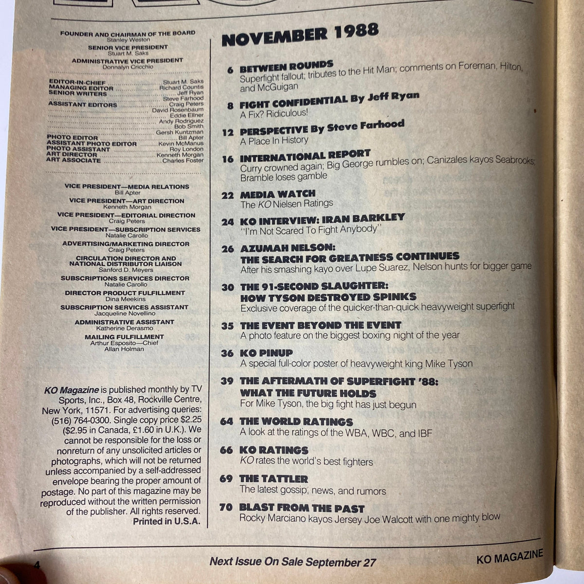 Contents page of KO Boxing Magazine November 1988, listing features including interviews, fight reports, and historical boxing events, highlighting contributions from notable figures in the sport.