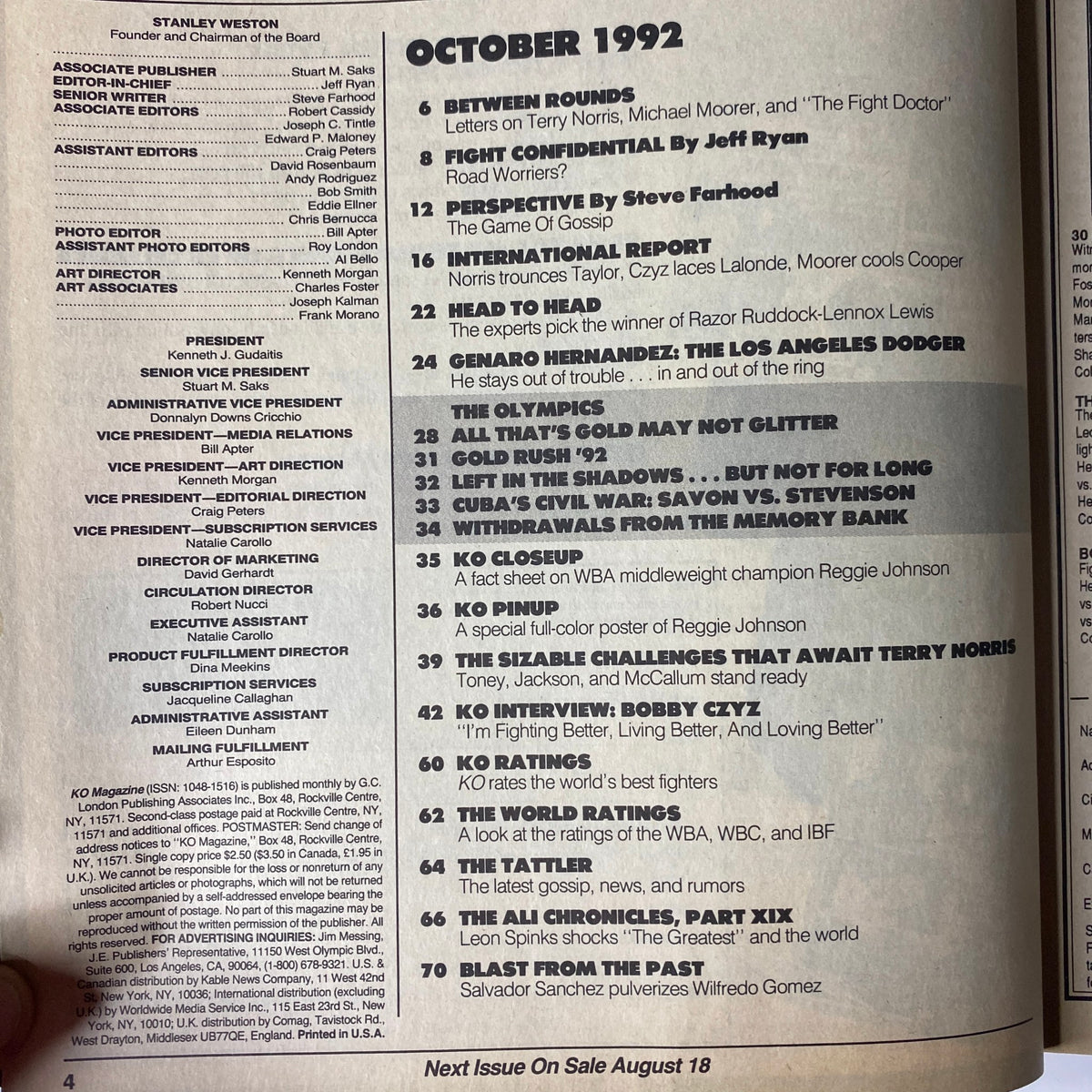 Inside page of KO Boxing Magazine October 1992 detailing contents including articles on boxing legends and upcoming fights, highlighting the magazine's focus on boxing history.