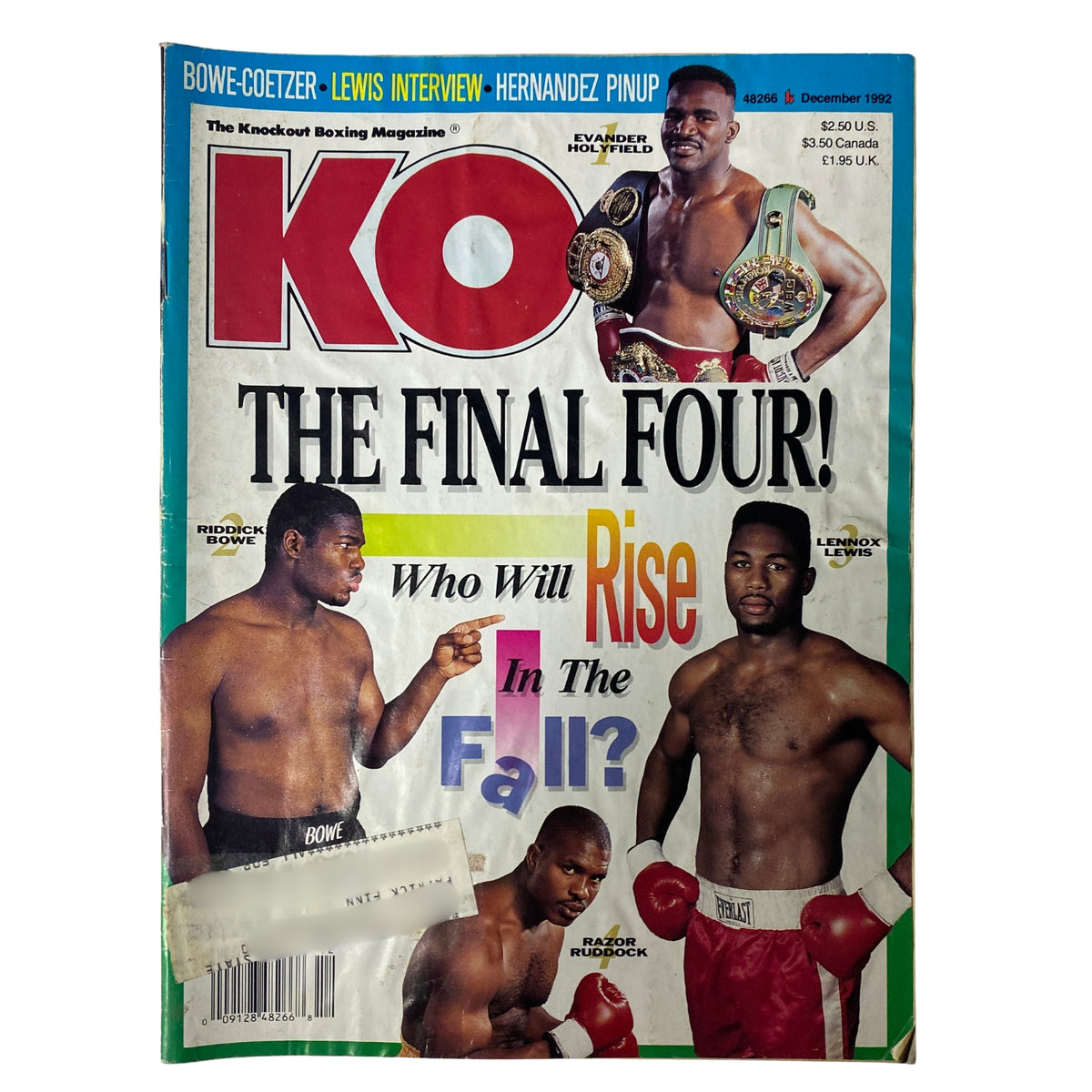 Cover of KO Boxing Magazine December 1992 featuring Evander Holyfield and Riddick Bowe, showcasing the headline 'The Final Four! Who Will Rise In The Fall?' with images of both boxers and highlights of their achievements.