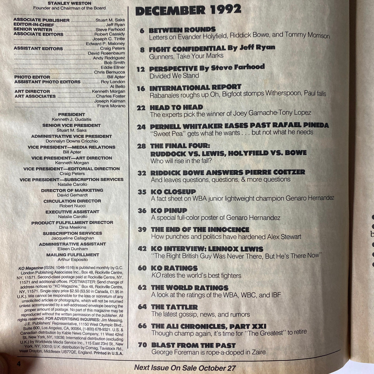 Interior page of KO Boxing Magazine December 1992, listing the contents including articles on Evander Holyfield, Riddick Bowe, and various boxing topics, highlighting the magazine's focus on significant fights and boxing news.