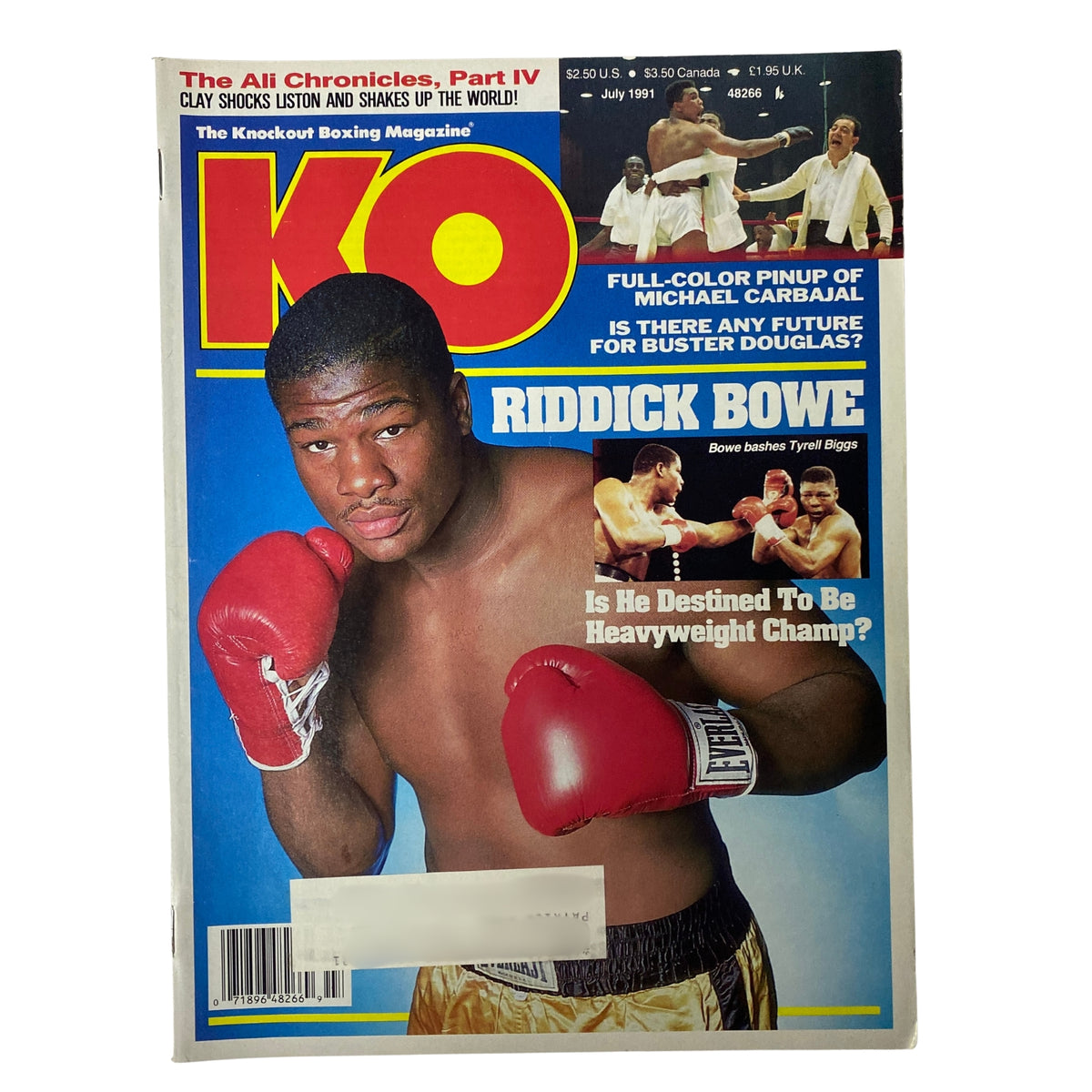 KO Boxing Magazine July 1991 featuring Riddick Bowe on the cover in boxing gloves, highlighting his potential as a heavyweight champion alongside a feature on Tyrell Biggs.