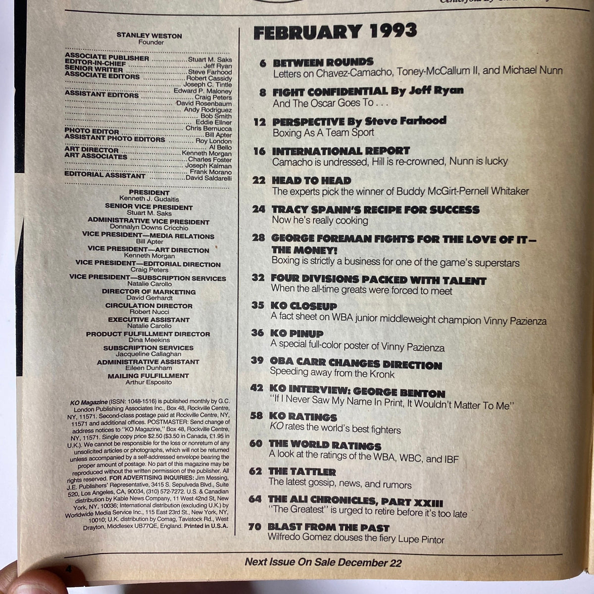 Table of contents for KO Boxing Magazine February 1993, showcasing featured articles and segments including George Foreman, fight statistics, and exclusive interviews.
