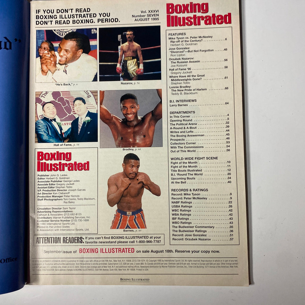 Inside page of Boxing Illustrated Magazine August 1995 highlighting various boxing features, including interviews and profiles, emphasizing the magazine's detailed coverage of the boxing landscape.