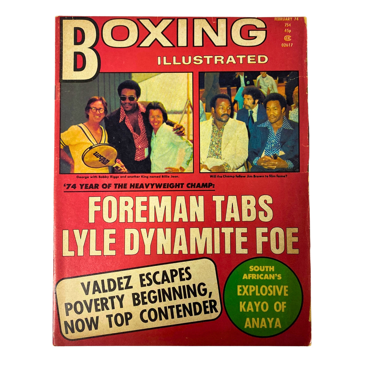 Boxing Illustrated Magazine cover from February 1974 featuring George Foreman and Jim Brown, showcasing the highlights of Foreman's boxing career and notable fights.