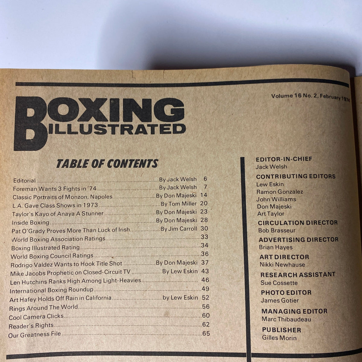 Inside page of Boxing Illustrated Magazine, February 1974, displaying the table of contents including articles by Jack Welsh and Don Majeski related to boxing news and fighter profiles.