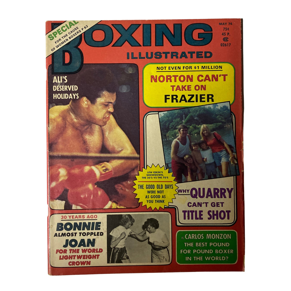 Boxing Illustrated Magazine May 1974 featuring Muhammad Ali and Joe Frazier on the cover, showcasing intense boxing rivalry, articles on heavyweight matchups, and comprehensive boxing updates.