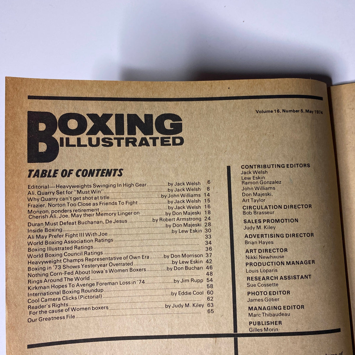 Table of Contents from Boxing Illustrated Magazine, May 1974 featuring articles about boxing legends Muhammad Ali and Joe Frazier, edited by Jack Welsh.